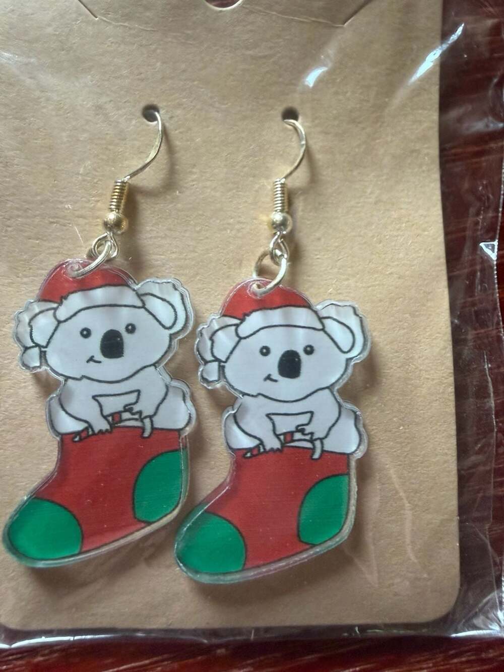Cute Acrylic Christmas Koala in Stocking Dangle Earrings